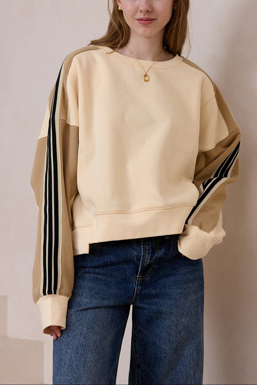 Beige Striped Crew Neck Sweatshirt