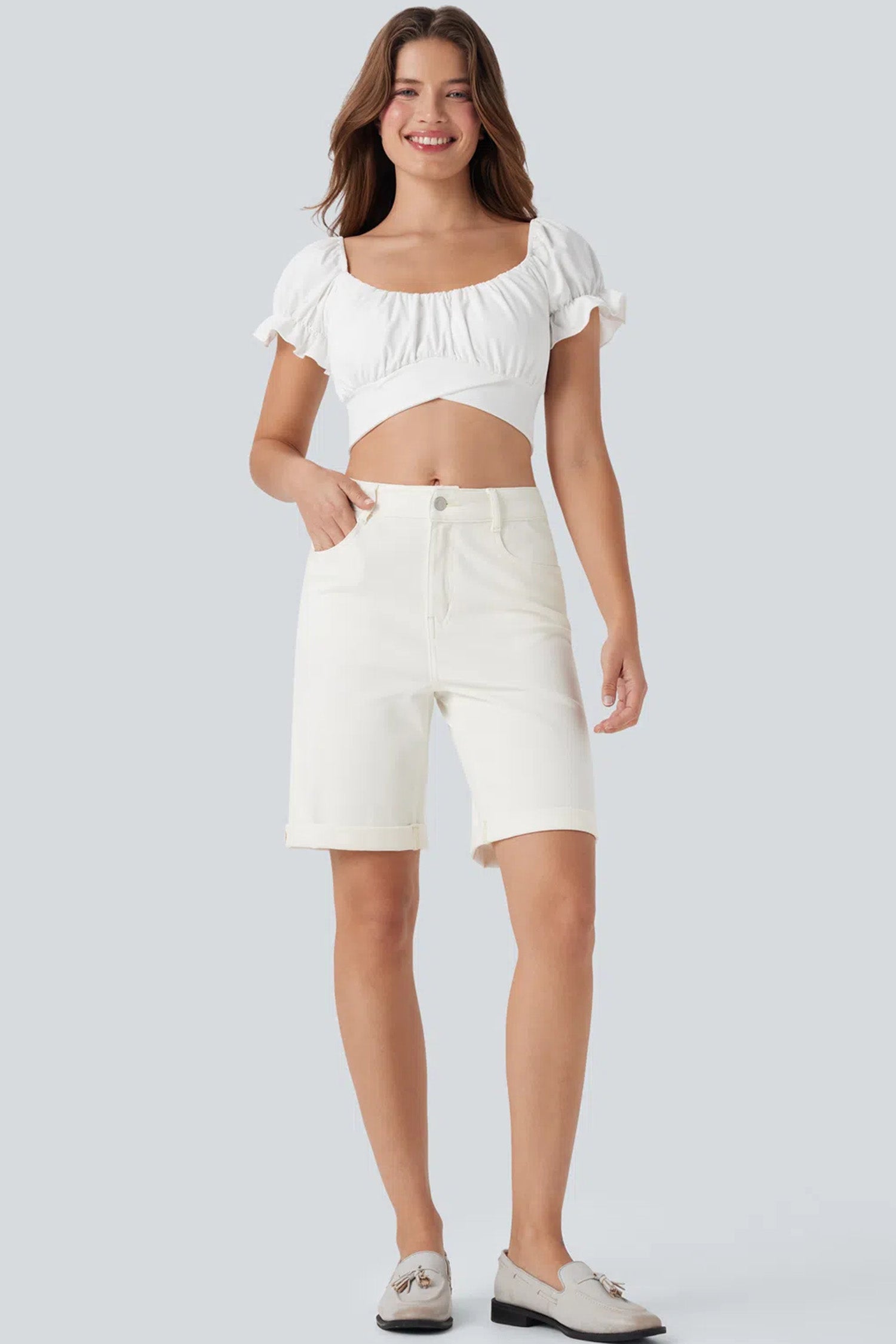 Solid White Bermuda Shorts